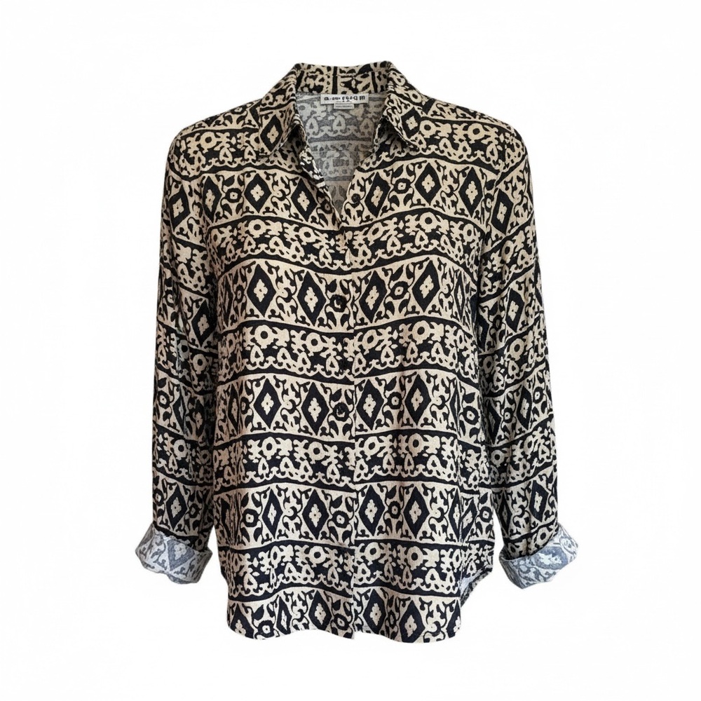 Vintage Joan Leslie Petite Blouse 14P Black Tan Geometric Print Button Front